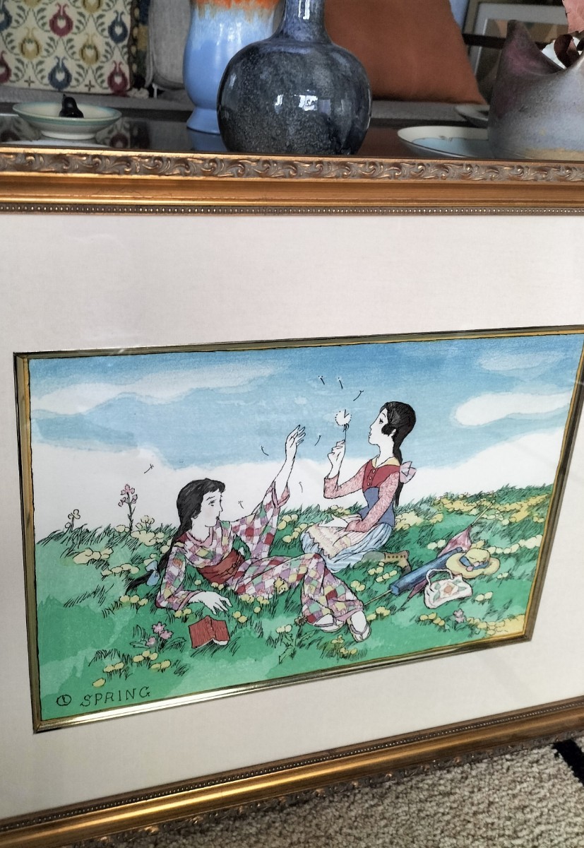 真作保証 竹久夢二 スプリング 版画 リトグラフ 大正ロマン 額装 新作