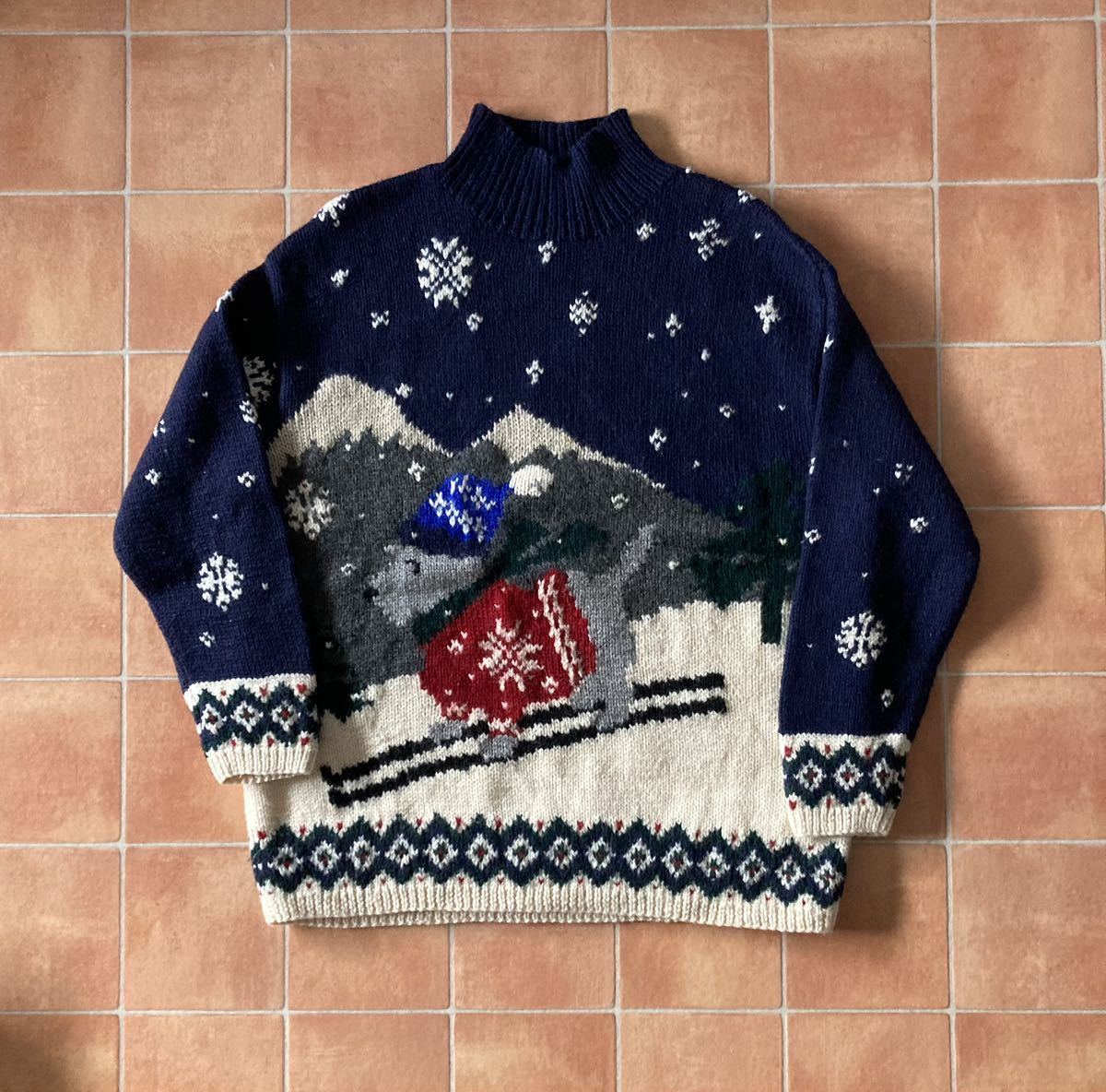 ラルフ M ニット ウール アニマル スノー 古着 90s ビンテージ ハンドニット スキー