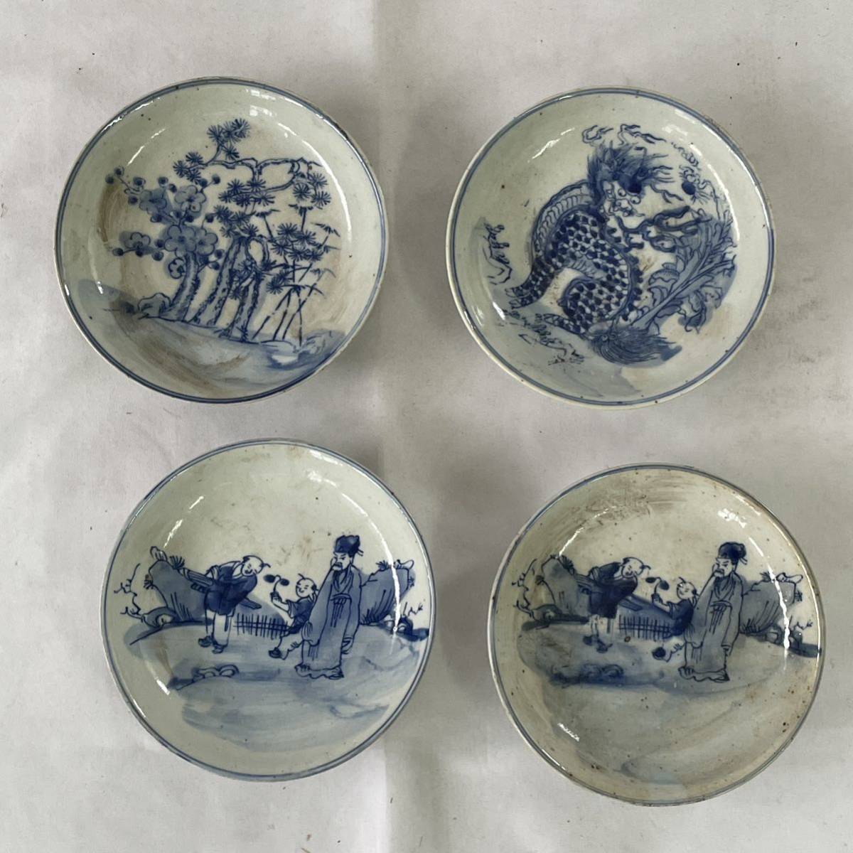時代 中国美術 染付絵替豆皿4客 / 時代物 染付 皿 小皿 龍 唐子 草花紋 