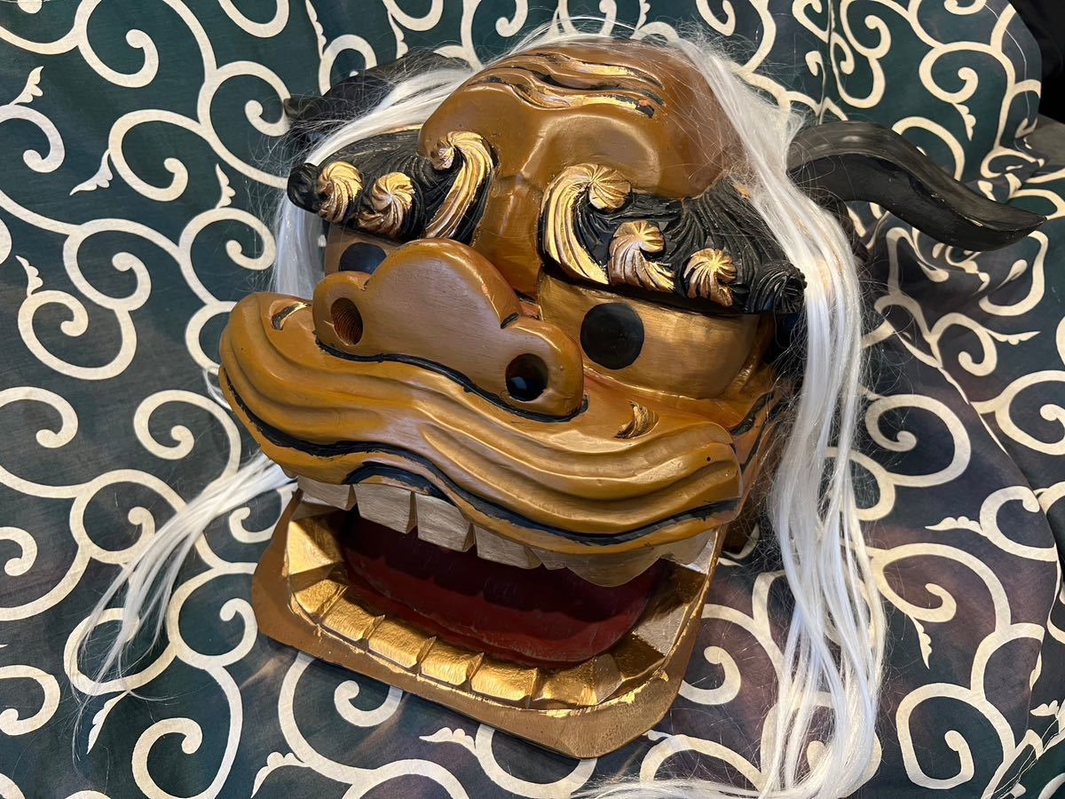 権九郎 獅子頭】木彫り獅子舞 1尺1寸 朱漆塗り 秋祭り 能面 神楽面 