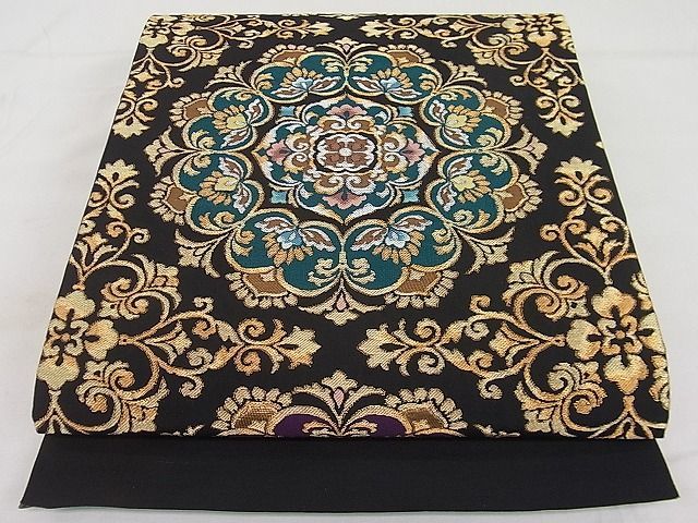 平和屋1■世界的友禅作家　千地泰弘　千地天女　六通柄袋帯　正倉院花唐草文　黒地　金銀糸　逸品　rv7475