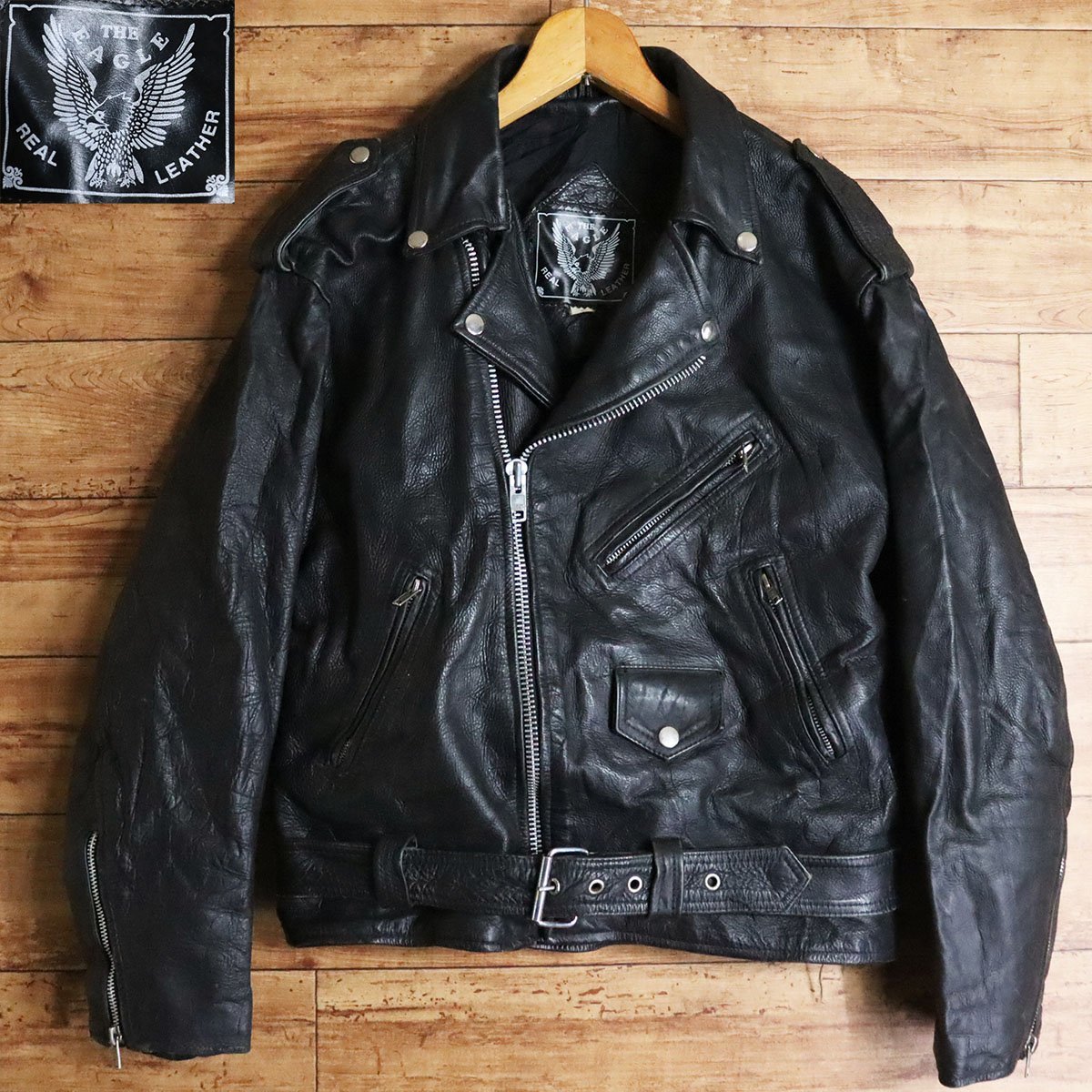 D1S/s5.8-5　THE EAGLE　ダブルライダース　本革　レザージャケット　革ジャン　皮ジャン　バイカー　メンズ　S　ブラック　古着