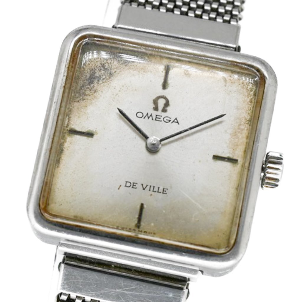 1円 稼働 OMEGA オメガ QZ DE VILLE デビル スクエア 白 シルバー文字盤 SS レディース メンズ 腕時計 クオーツ ウォッチ 1118420231205