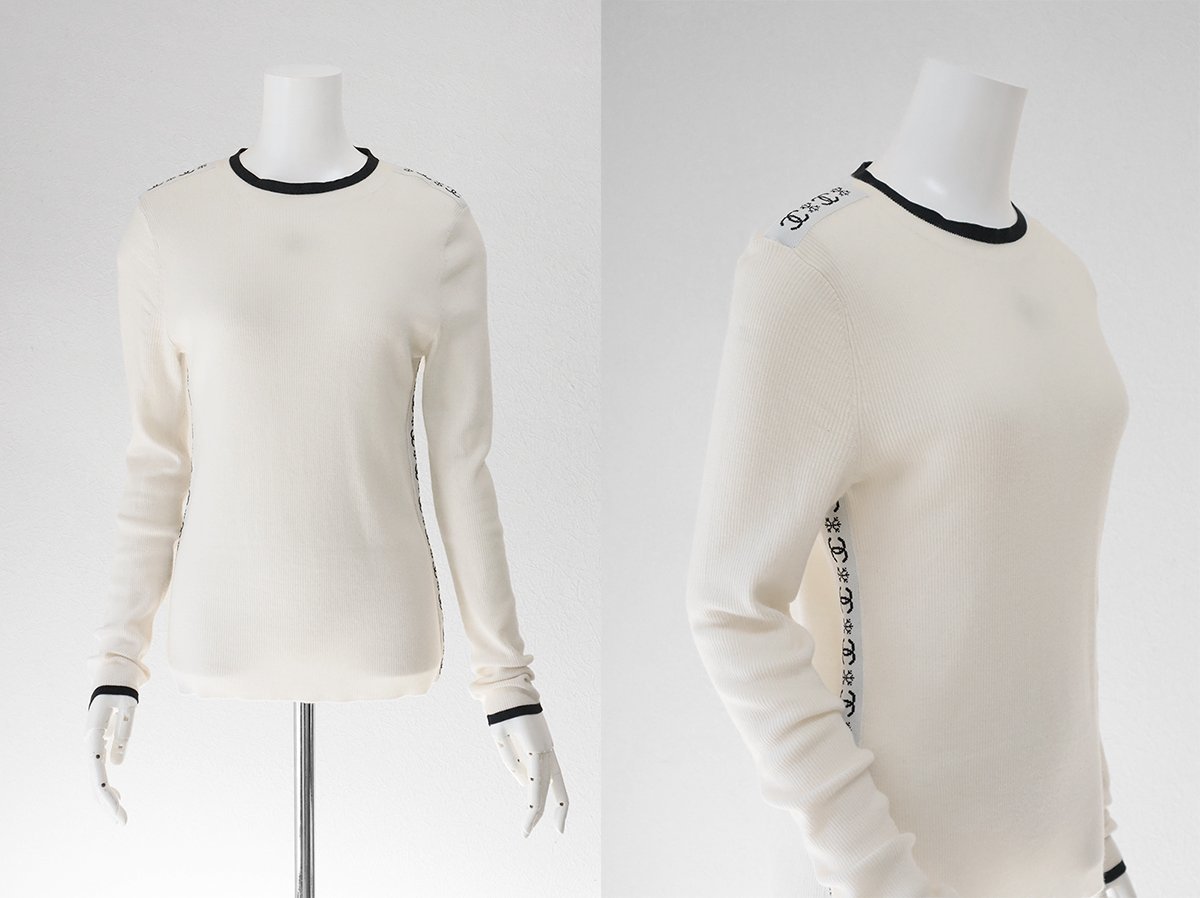 CHANEL ◆ ロゴ入り リブニット (アイボリー サイズ38) カシミヤ カットソー CC シャネル ◆CQ14