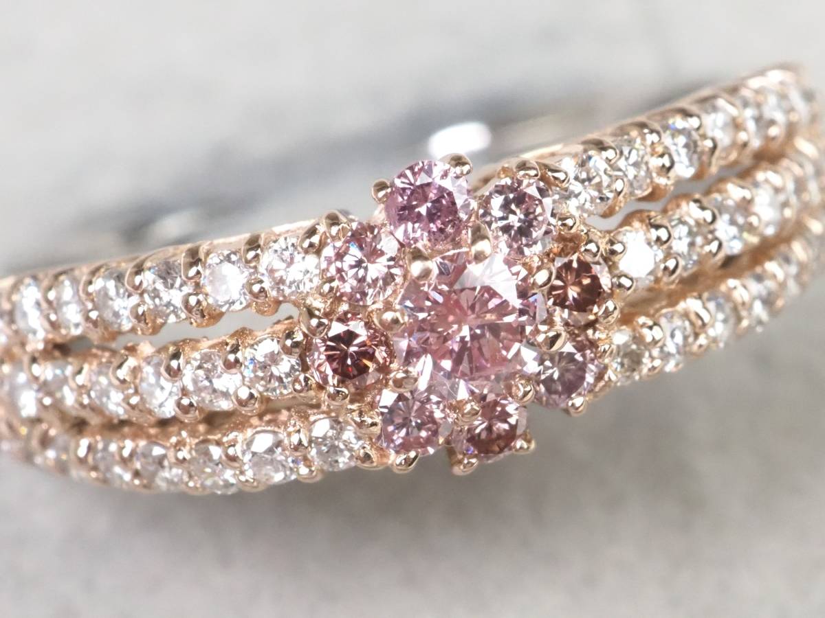 【2715A】K18/Pt900ピンクゴールド/プラチナ 天然ダイヤモンド ピンク＆クリア 計0.76ct/0.32ct/0.44ct/5.1g リング 指輪 ♯14_1