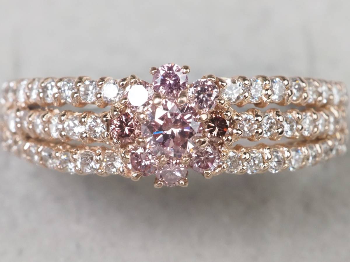 【2715A】K18/Pt900ピンクゴールド/プラチナ 天然ダイヤモンド ピンク＆クリア 計0.76ct/0.32ct/0.44ct/5.1g リング 指輪 ♯14_3
