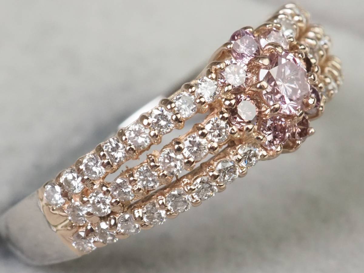 【2715A】K18/Pt900ピンクゴールド/プラチナ 天然ダイヤモンド ピンク＆クリア 計0.76ct/0.32ct/0.44ct/5.1g リング 指輪 ♯14_4