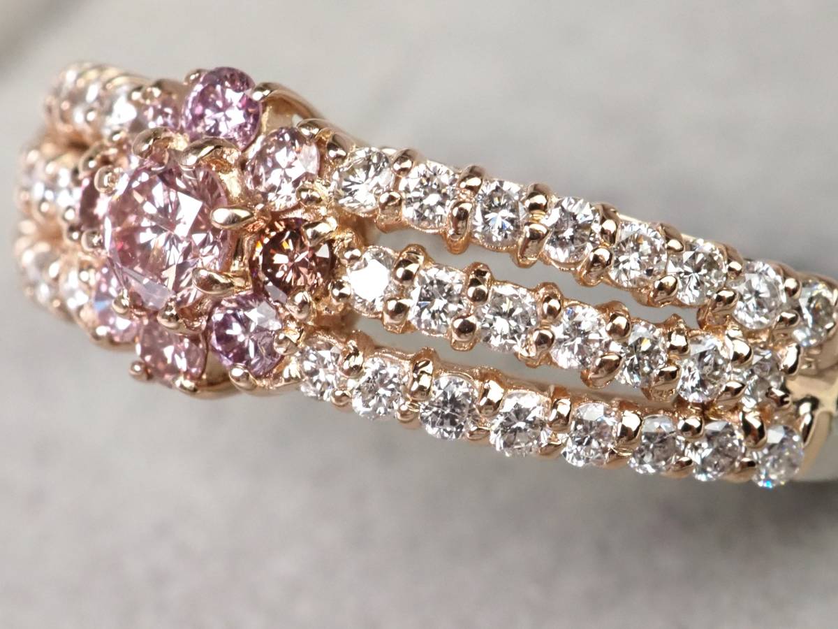 【2715A】K18/Pt900ピンクゴールド/プラチナ 天然ダイヤモンド ピンク＆クリア 計0.76ct/0.32ct/0.44ct/5.1g リング 指輪 ♯14_5