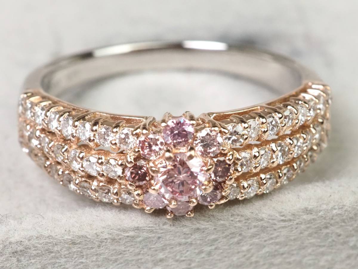 【2715A】K18/Pt900ピンクゴールド/プラチナ 天然ダイヤモンド ピンク＆クリア 計0.76ct/0.32ct/0.44ct/5.1g リング 指輪 ♯14_6