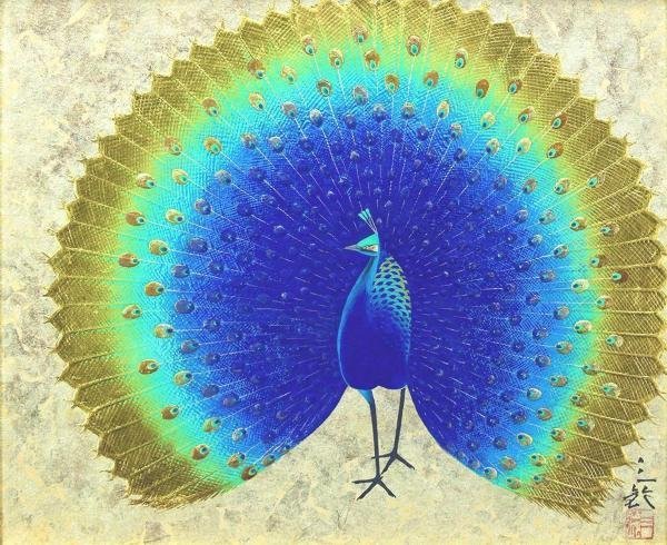 HOT，安い 【真作】【WISH】児玉三鈴「孔雀」日本画 8号 金箔・金泥仕様 共