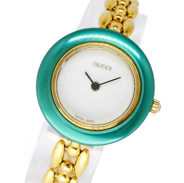 1円 グッチ GUCCI QZ チェンジベゼル 11/12.2 白文字盤 GP ゴールド チェーン ブランド 腕時計 クオーツ ウォッチ 中古 1110920231212