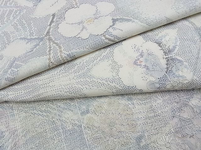 平和屋1□訪問着 本場大島紬 白大島 9マルキ スワトウ刺繍 正倉院枝花