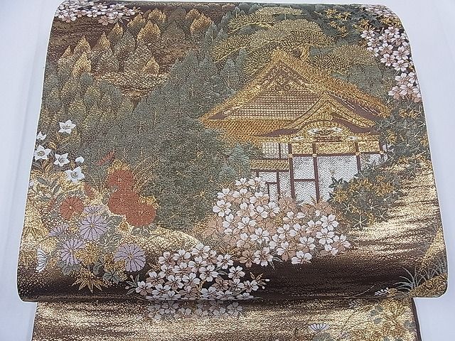 平和屋1■六通柄袋帯　唐織　遠山風景花文　九百錦　本金二重箔　逸品　yk1307