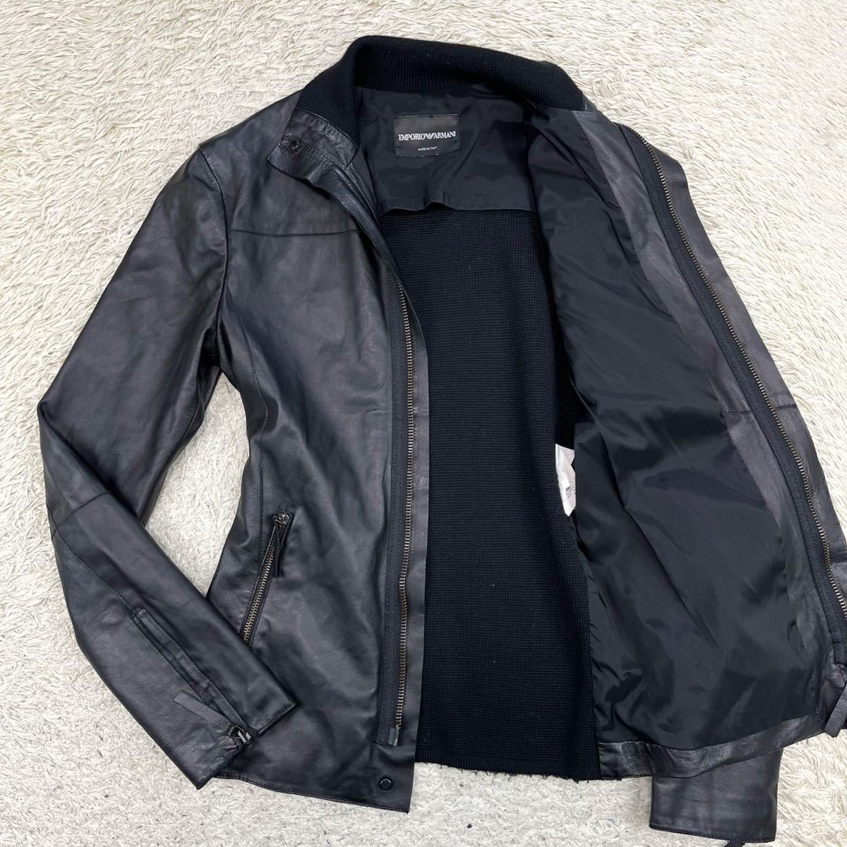 格安，限定SALE エンポリオアルマーニ 至高のラムレザー EMPORIO ARMANI ライダース レザージャケット レザー切り替え 羊革 本革 ブラック M位(Mサイズ)｜売買されたオークション情報、yahooの商品情報をアーカ Mサイズ