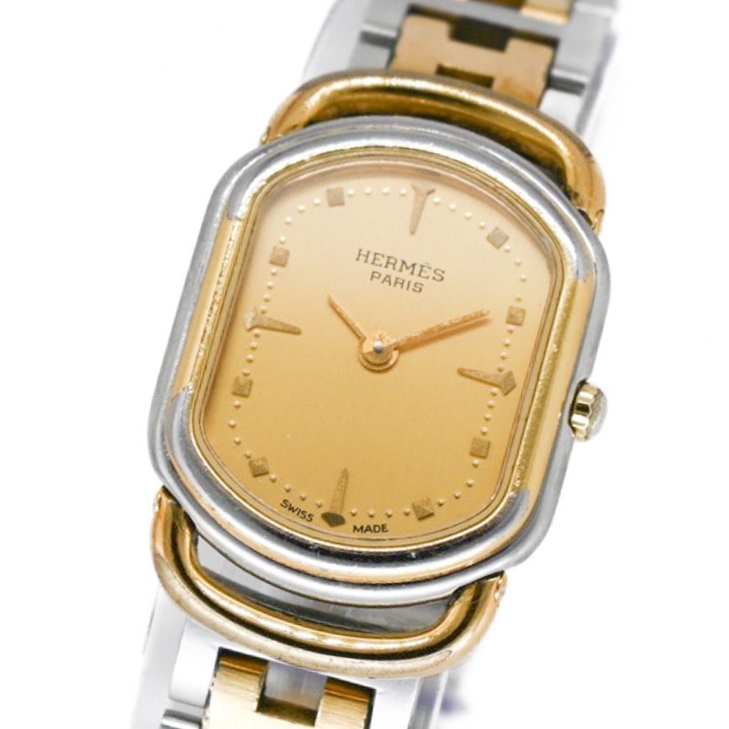 1円 稼働 HERMES エルメス QZ ラリー シャンパン 金文字盤 レディース  