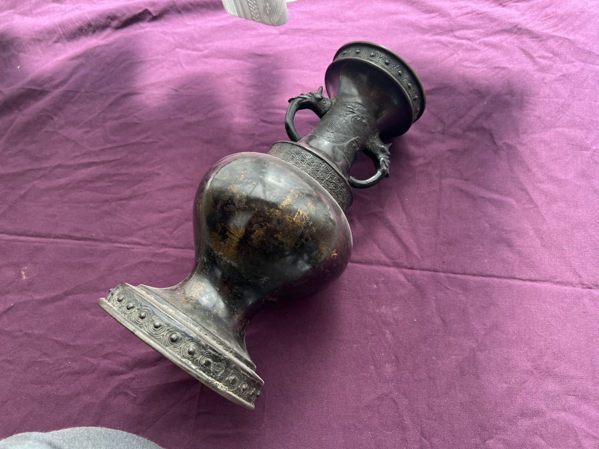 アンティーク　明時代　銅製鍍金　龍紋花瓶　中国_1