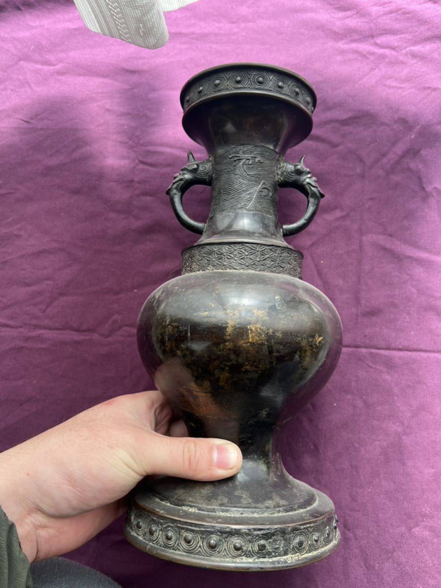 アンティーク　明時代　銅製鍍金　龍紋花瓶　中国_2