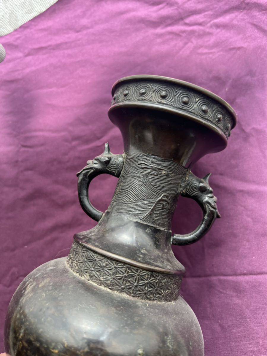 アンティーク　明時代　銅製鍍金　龍紋花瓶　中国_3