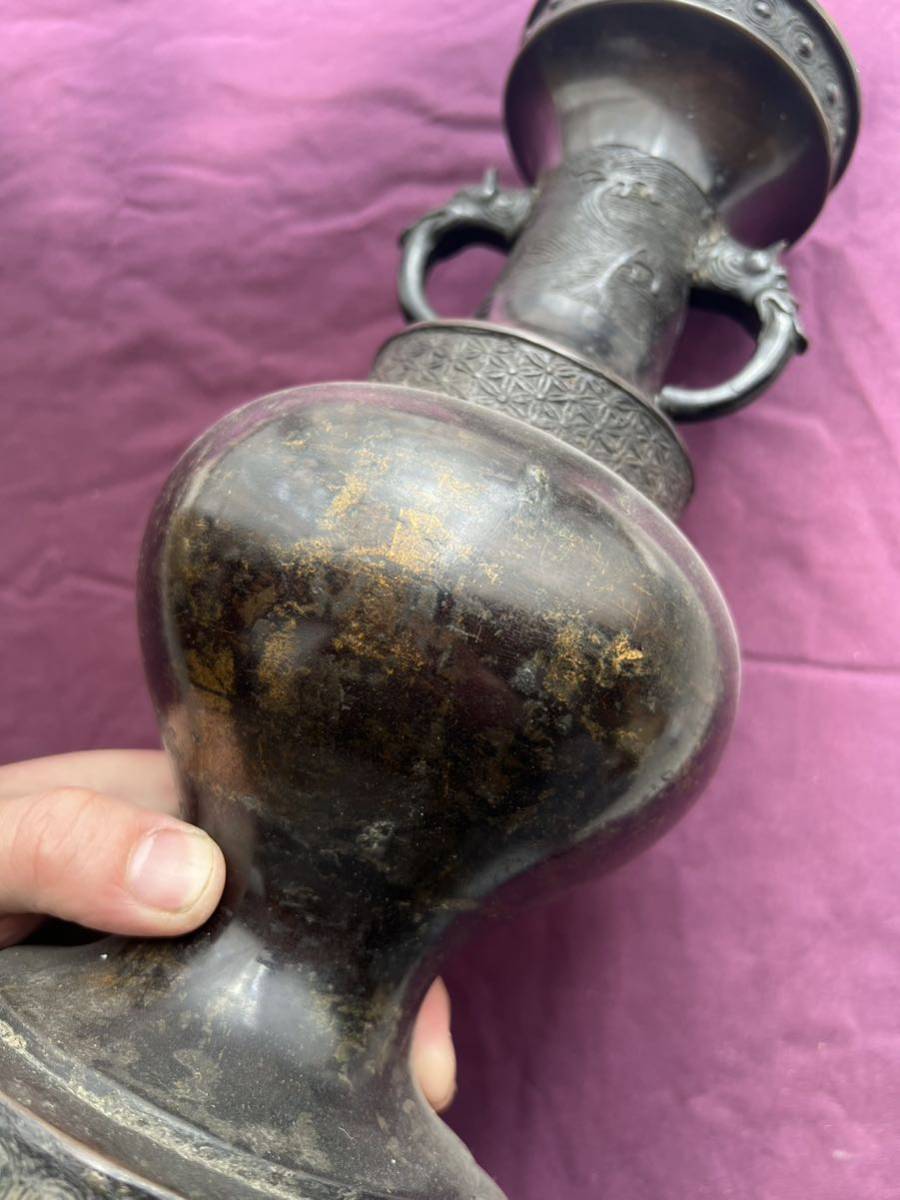 アンティーク　明時代　銅製鍍金　龍紋花瓶　中国_4