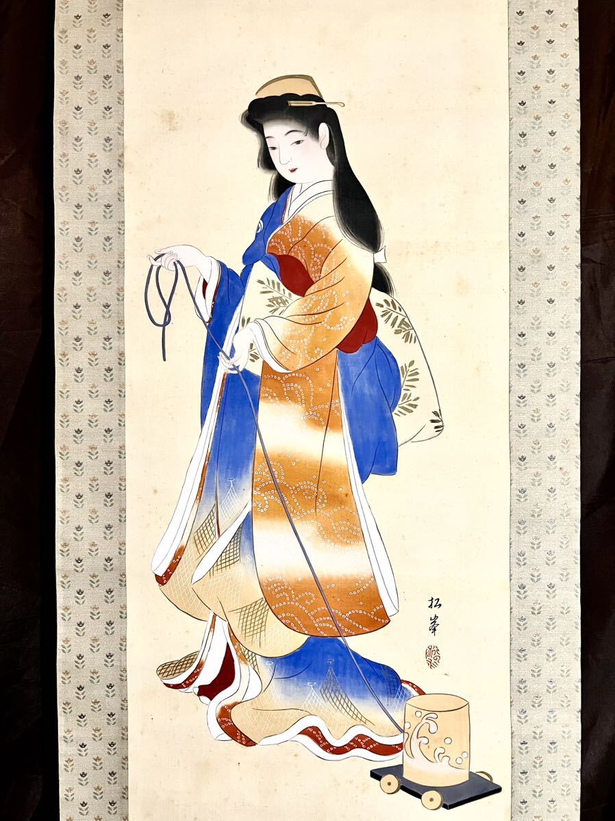 模写] [S8] 田中松峰「少女美人図」絹本 金泥 浮世絵 美人画 着物美人