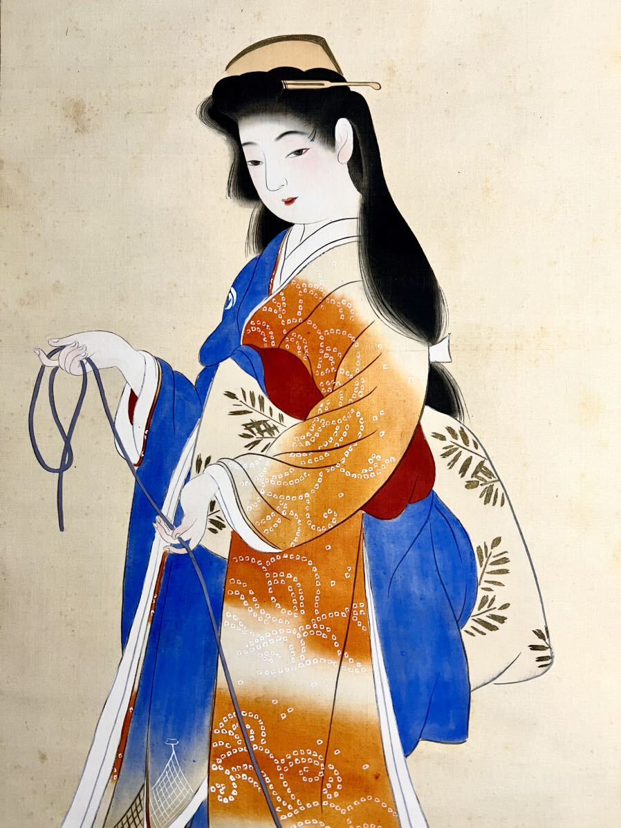 模写] [S8] 田中松峰「少女美人図」絹本 金泥 浮世絵 美人画 着物美人