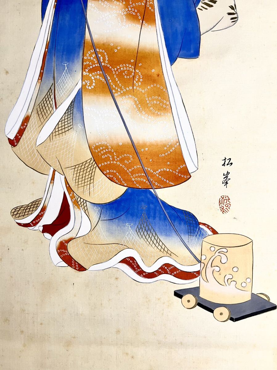 模写] [S8] 田中松峰「少女美人図」絹本 金泥 浮世絵 美人画 着物美人