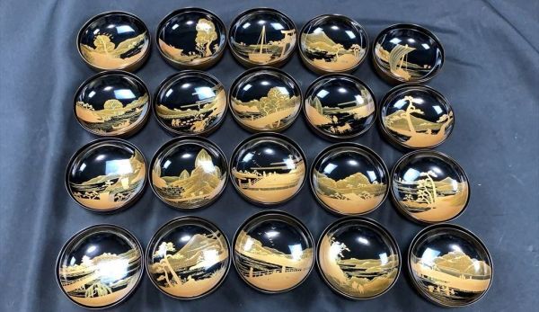 【天然木・本漆・新】越前溜塗 葉模様金蒔絵　吸物椀五客 大丸高級品 0u1k46-042 越前漆器 東海道五十三次 蒔絵 吸物椀 20客 共箱付 木 漆