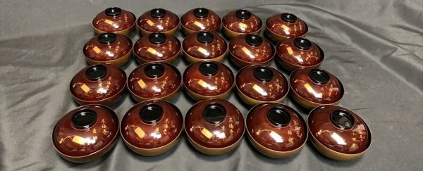 0u1k46-042 越前漆器 東海道五十三次 蒔絵 吸物椀 20客 共箱付 木 漆