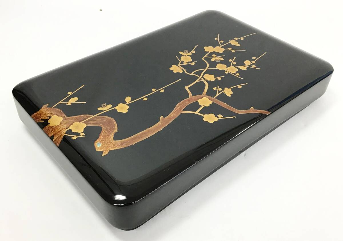 【新品未使用】輪島塗 漆器 硯箱文箱 黒色 金色 金彩 絵柄 松 輪島塗 硯箱 文箱 被せ蓋 書道具 筆入れ 書類入れ 小物入れ 収納箱