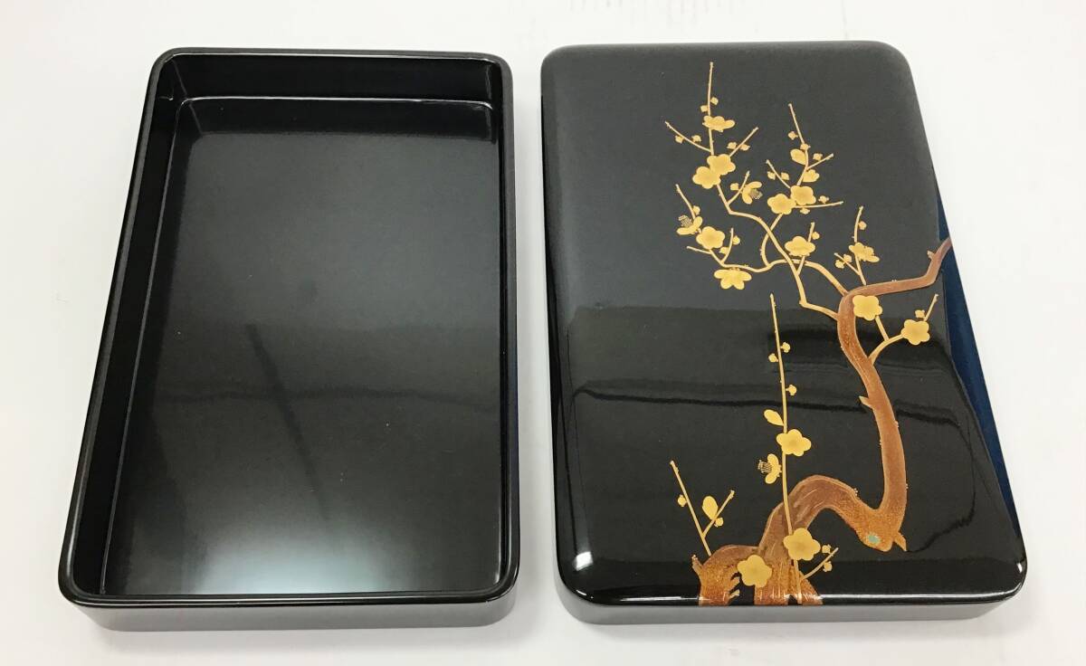 【新品未使用】輪島塗 漆器 硯箱文箱 黒色 金色 金彩 絵柄 松 輪島塗 硯箱 文箱 被せ蓋 書道具 筆入れ 書類入れ 小物入れ 収納箱