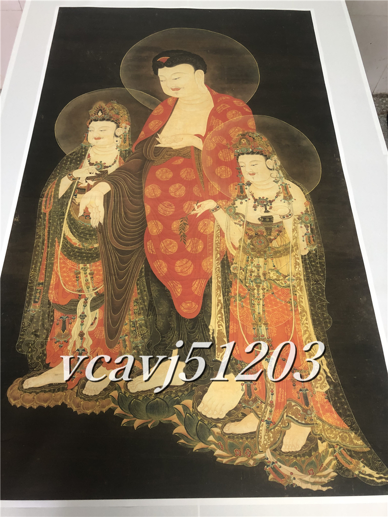 阿弥陀三尊 仏像 仏画 絹布 菩薩像 仏教美術 絹本 掛け物 仏掛画 中堂