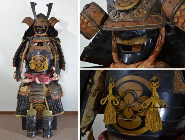 4067. 等身大甲冑 丸に木瓜紋 大鍬形前立二枚胴具足 鎧櫃 / 武具(甲冑