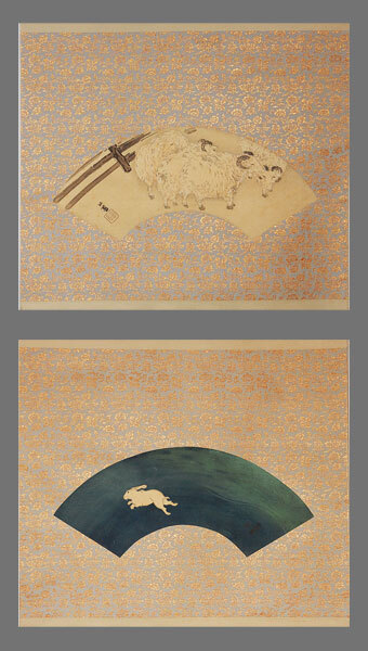 真作】□竹内栖鳳□扇面/羊之図/兎之図双幅□二重箱□京美教授□肉筆