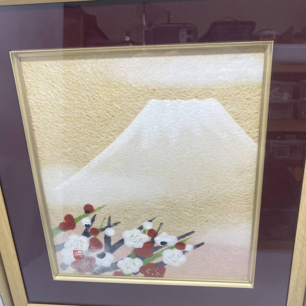 送料無料g34532 山内一生 富嶽 小原和紙工芸 額装 富士 富士山 作品
