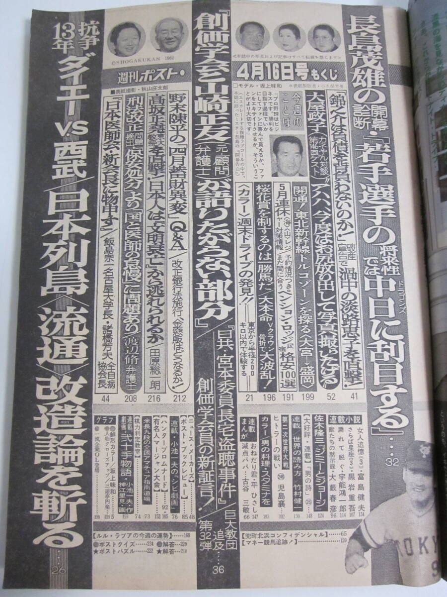 37か284す ☆週刊ポスト 通巻647号 1982年4月16日号 表紙:坂上味和+