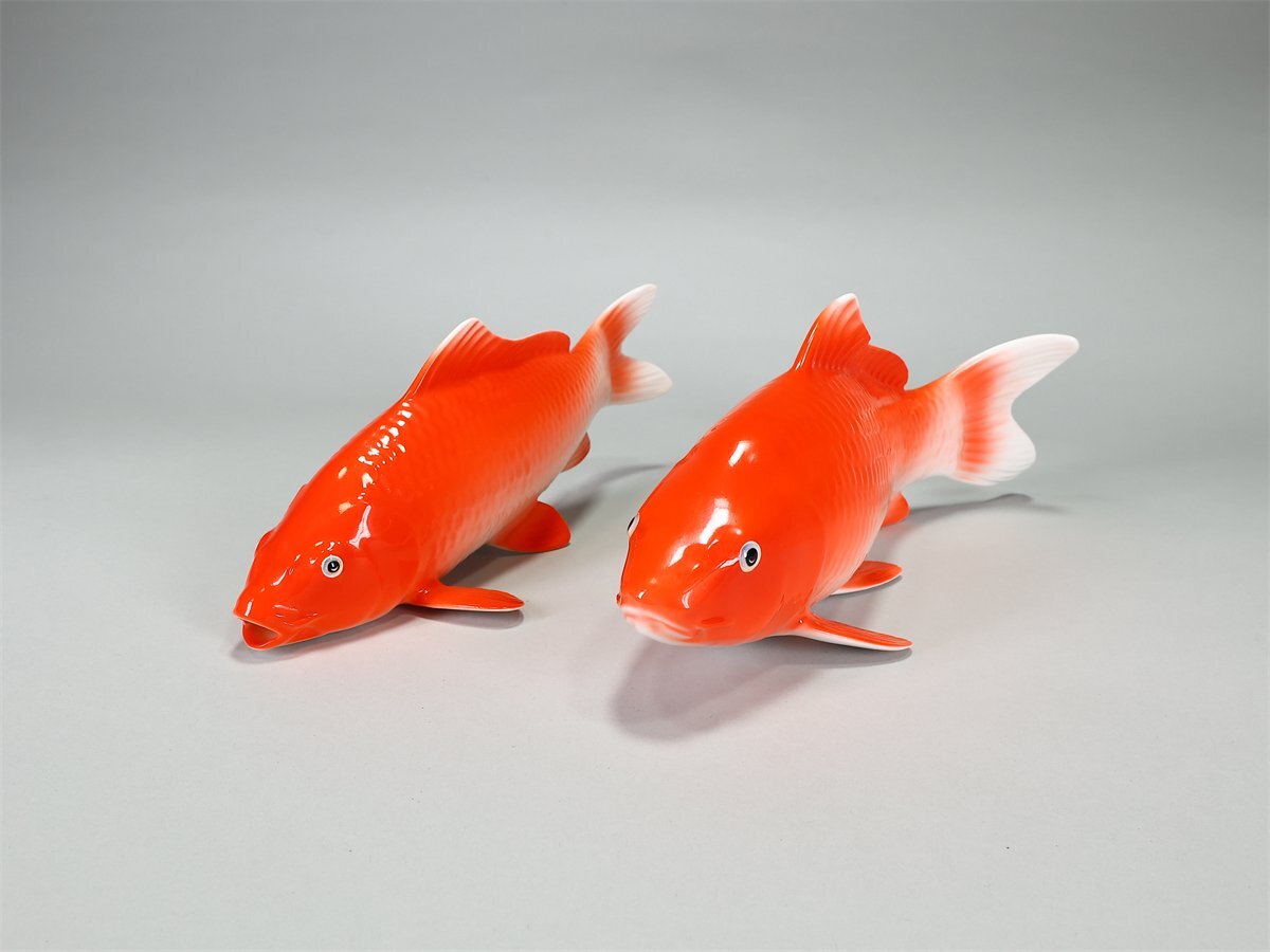 吉】CJ201 Noritake 【ノリタケ】 赤釉 赤鯉 置物 2点 最大幅30㎝／箱