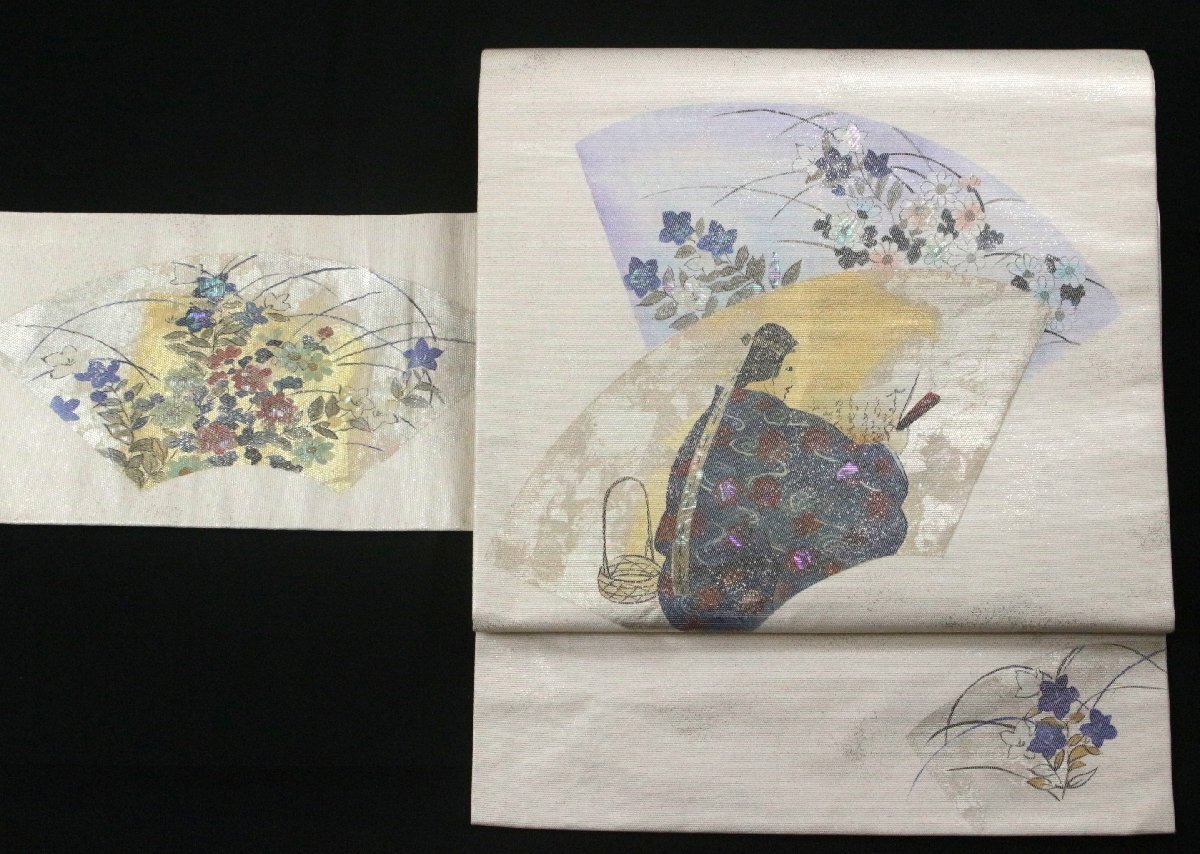 正絹名古屋帯 螺鈿織り 扇面に能人物文 e-11(仕立て上がり)｜売買