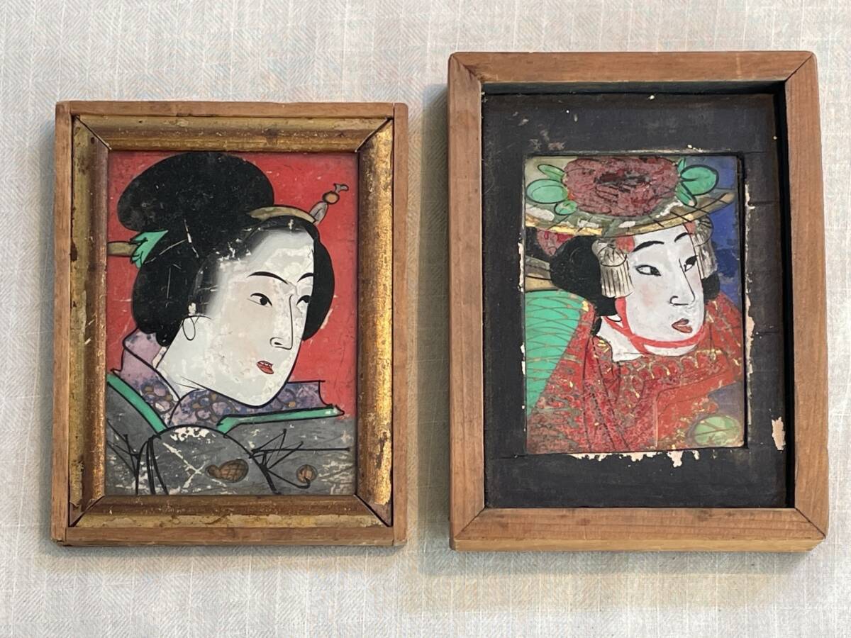 時代 美人画 浮世絵 硝子絵 2点 ／木枠額装 ガラス絵 日本髪 花魁 古