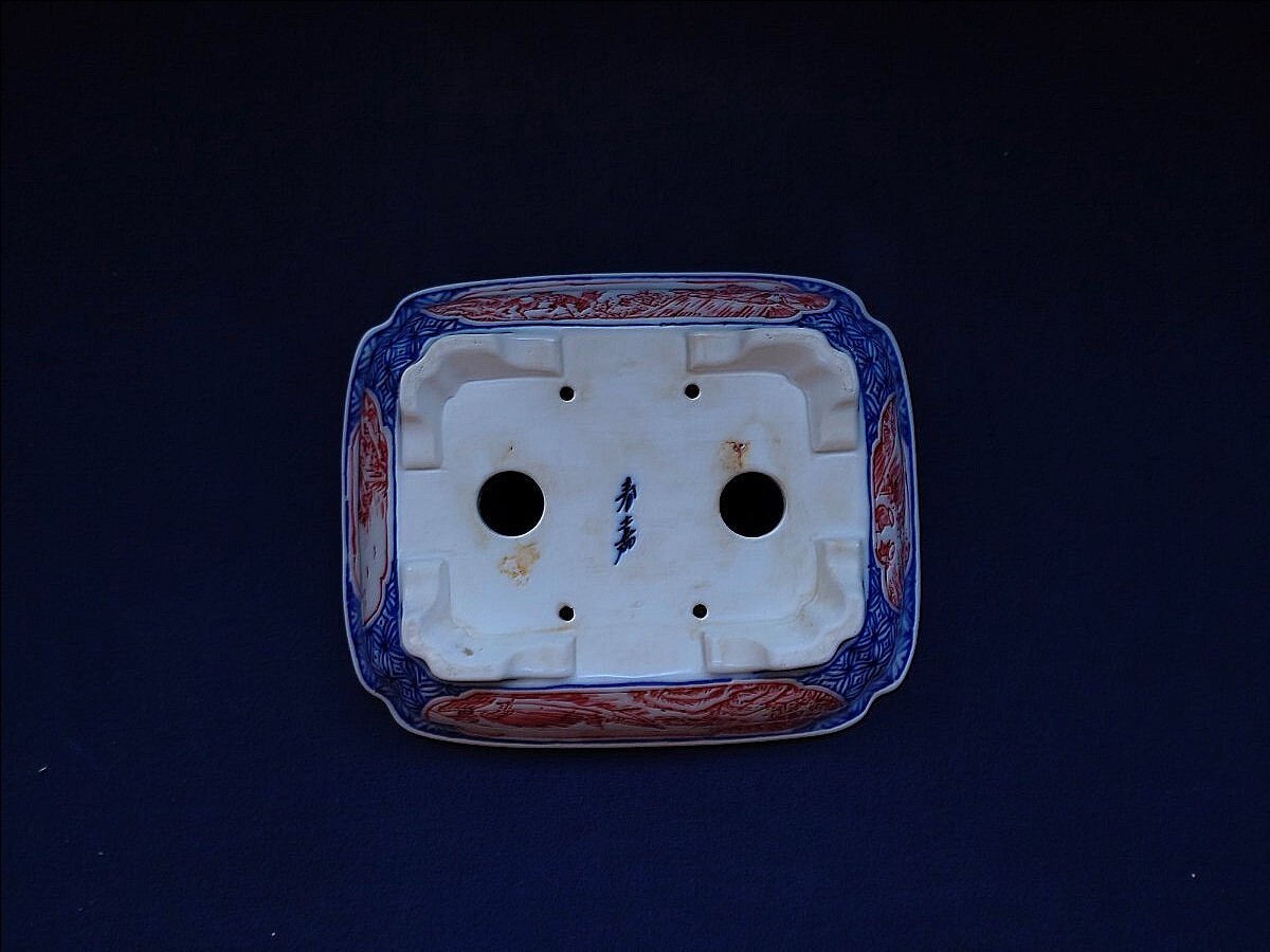 古手の銘品！珍しい完品！迫力の赤絵鉢！時代乗り抜群！春嘉 大きめサイズの春嘉鉢【赤絵山水図長方鉢】共布共箱付 春嘉 Haruyosi 絵鉢_10