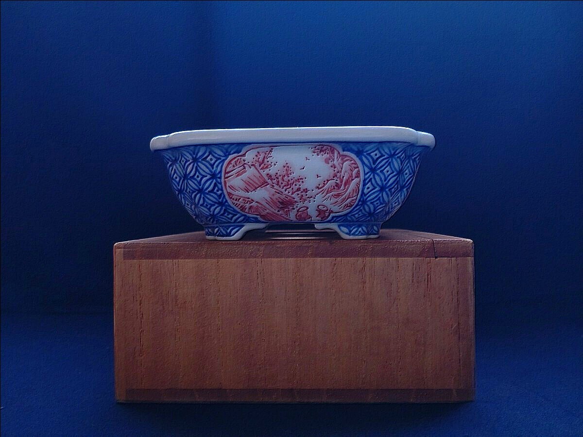 古手の銘品！珍しい完品！迫力の赤絵鉢！時代乗り抜群！春嘉 大きめサイズの春嘉鉢【赤絵山水図長方鉢】共布共箱付 春嘉 Haruyosi 絵鉢_4