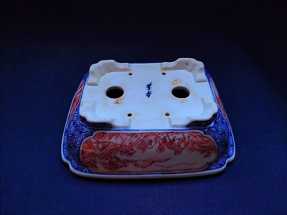 古手の銘品！珍しい完品！迫力の赤絵鉢！時代乗り抜群！春嘉 大きめサイズの春嘉鉢【赤絵山水図長方鉢】共布共箱付 春嘉 Haruyosi 絵鉢_6