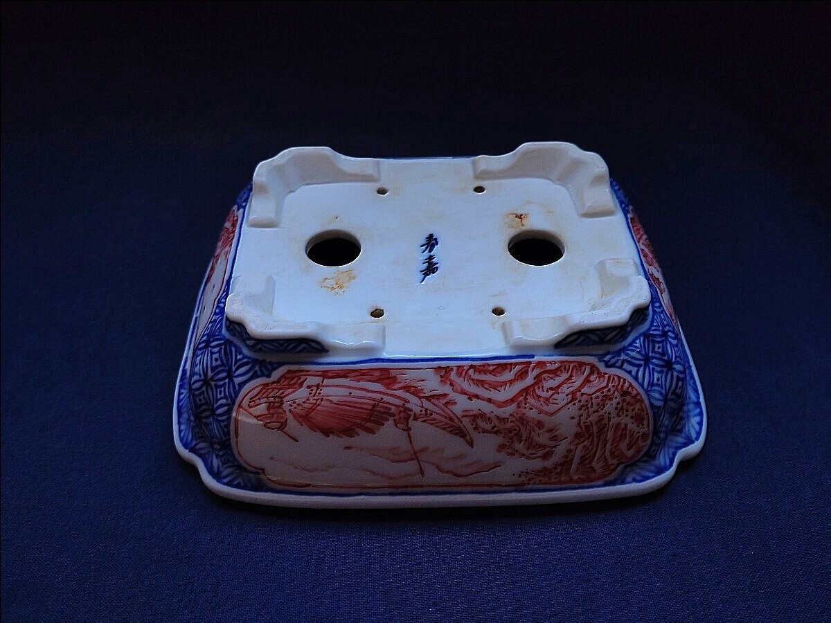 古手の銘品！珍しい完品！迫力の赤絵鉢！時代乗り抜群！春嘉 大きめサイズの春嘉鉢【赤絵山水図長方鉢】共布共箱付 春嘉 Haruyosi 絵鉢_7