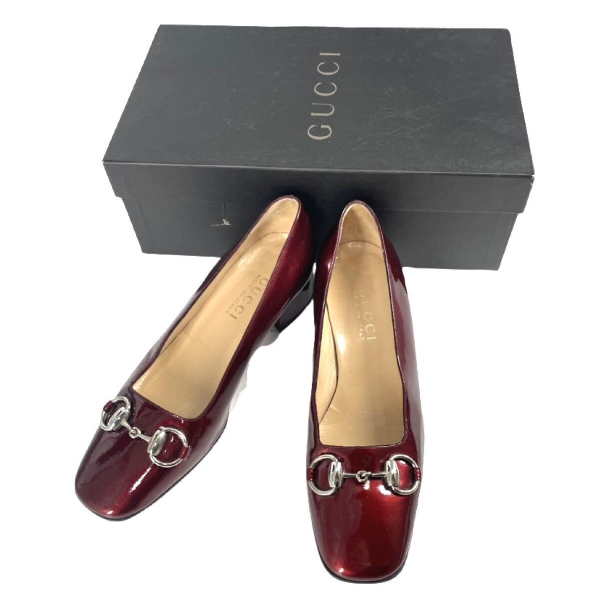 GUCCI グッチ エナメル パンプス シューズ 装飾 金具 ワインレッド