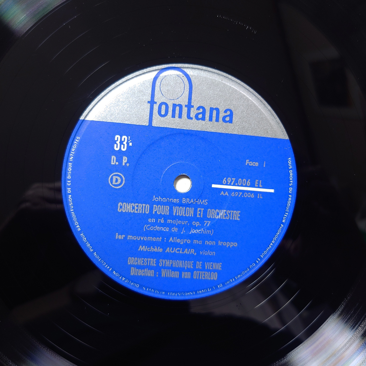 仏Fontana 697006EL　ブラームスヴァイオリン協奏曲　オークレール 仏Fontana 697006EL ブラームス「ヴァイオリン協奏曲」 ミシェル