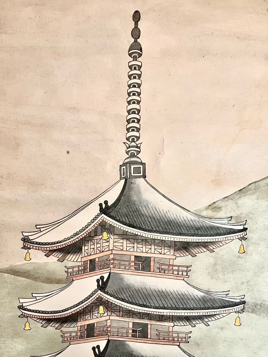 【模写】【S8】曽舟「五重塔桜満開」紙本 超大幅 春景 風景画 桜花 さくら 鳥獣 山水図 日本画 絵画 掛軸_10