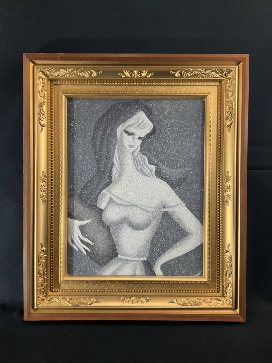 模写□ 湯川輝義 水晶画□水晶絵 人物画 サイン入り 額縁付き 絵画