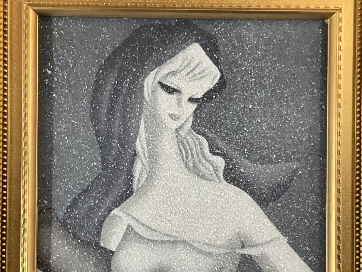 模写□ 湯川輝義 水晶画□水晶絵 人物画 サイン入り 額縁付き 絵画