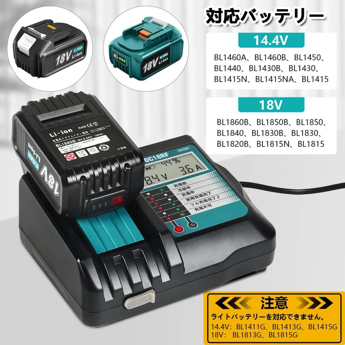 (B) マキタ makita 充電器 互換 DC18RF 急速充電器 14.4V 18V チャージャー BL1430B BL1460B BL1830B BL1850B BL1860B DC18RC DC18RD_5