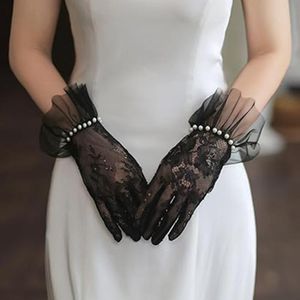 レース　ショート　グローブ 手袋 結婚式　ドレス シースルー 黒　パール