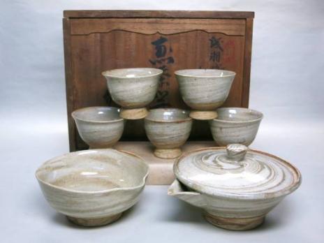 成羽焼白山造　「捻込」煎茶器揃い　共箱　希少窯　茶器　急須　煎茶道具　時代道具